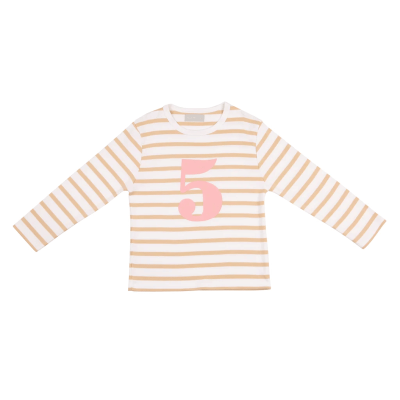 BISCUIT & WHITE BRETON STRIPED NUMBER 5 T SHIRT (PINK)