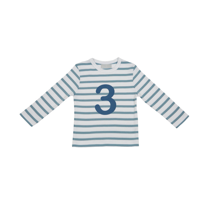 Ocean Blue & White Breton Striped Number 3 T SHIRT (Blue)