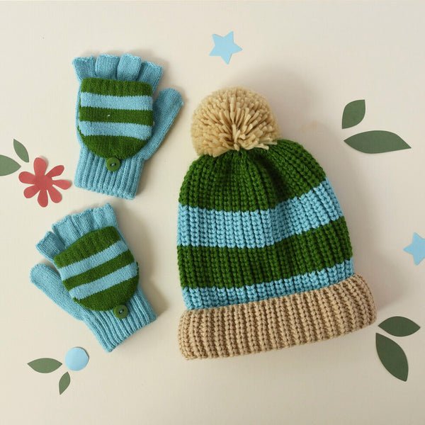 Cosy Striped Knitted Gloves Green 7-10 Years