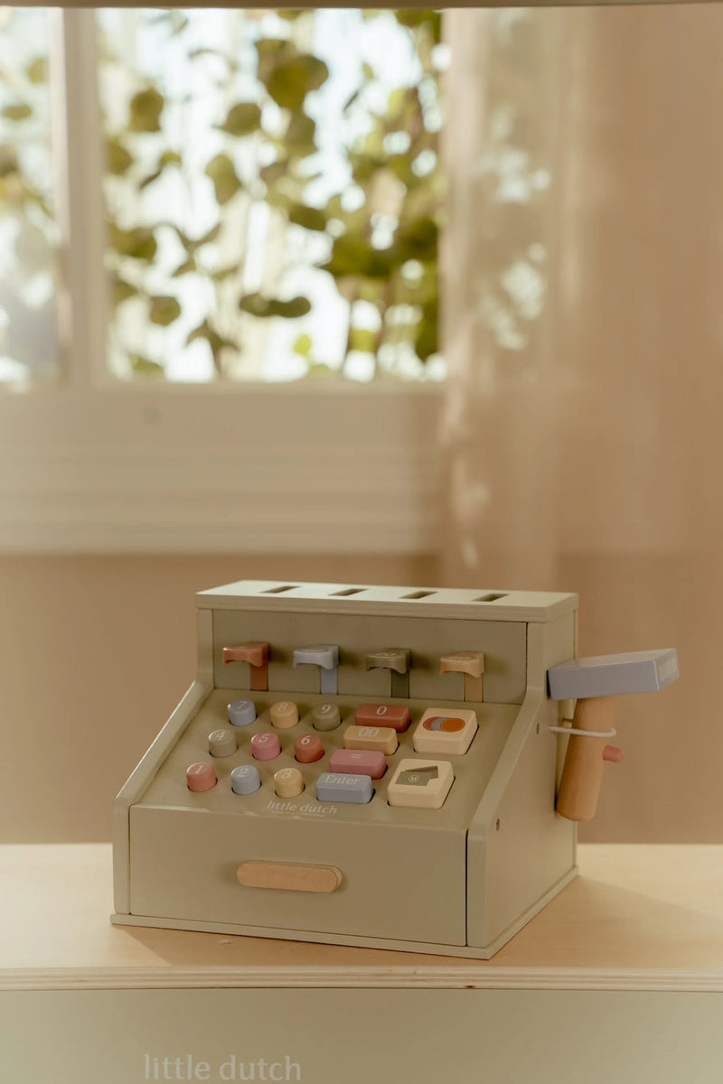 Wooden cash register with scanner and card reader