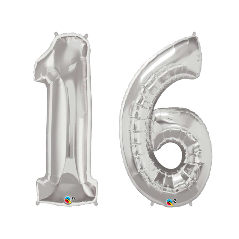 SIXTEENTH BIRTHDAY SILVER NUMBER FOIL BALLOONS