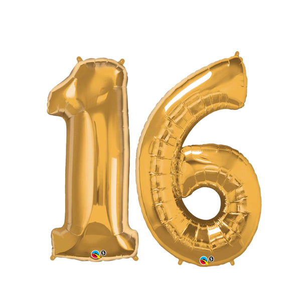 SIXTEENTH BIRTHDAY GOLD 16 NUMBER FOIL BALLOONS