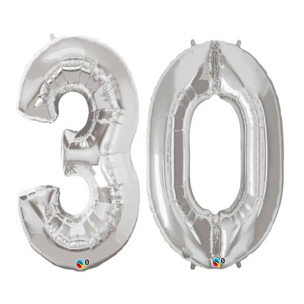 30TH BIRTHDAY SILVER NUMBER FOIL BALLOONS