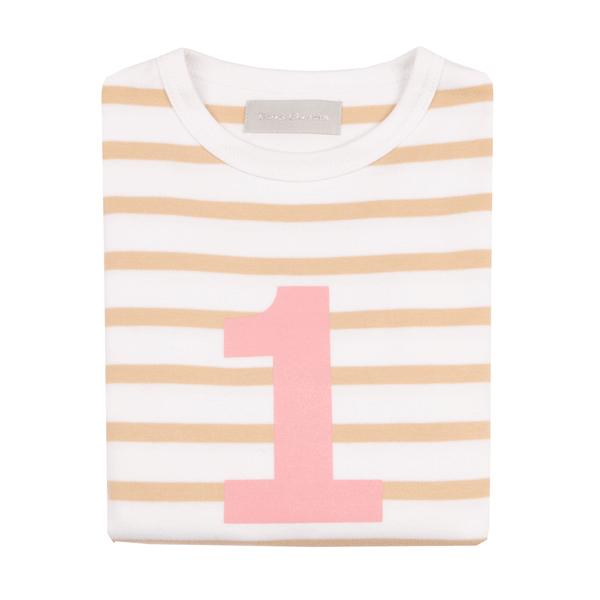 BISCUIT & WHITE BRETON STRIPED NUMBER 1 T SHIRT (PINK)