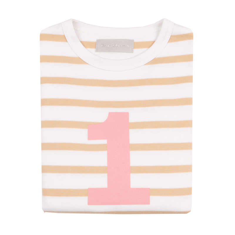 BISCUIT & WHITE BRETON STRIPED NUMBER 1 T SHIRT (PINK)