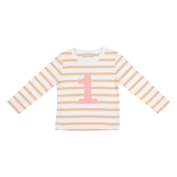 BISCUIT & WHITE BRETON STRIPED NUMBER 1 T SHIRT (PINK)