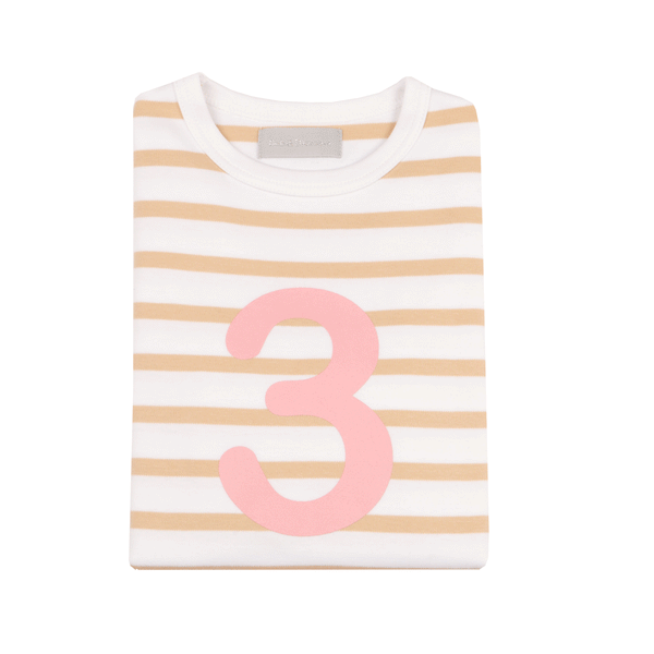 BISCUIT & WHITE BRETON STRIPED NUMBER 3 T SHIRT (PINK)