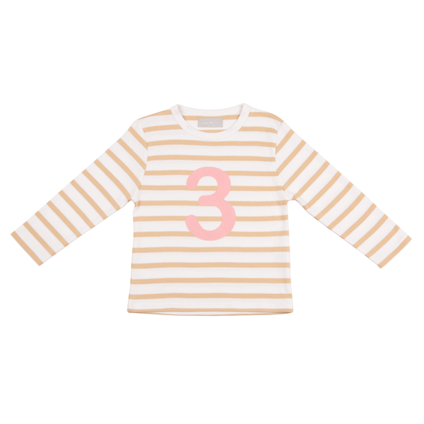 BISCUIT & WHITE BRETON STRIPED NUMBER 3 T SHIRT (PINK)